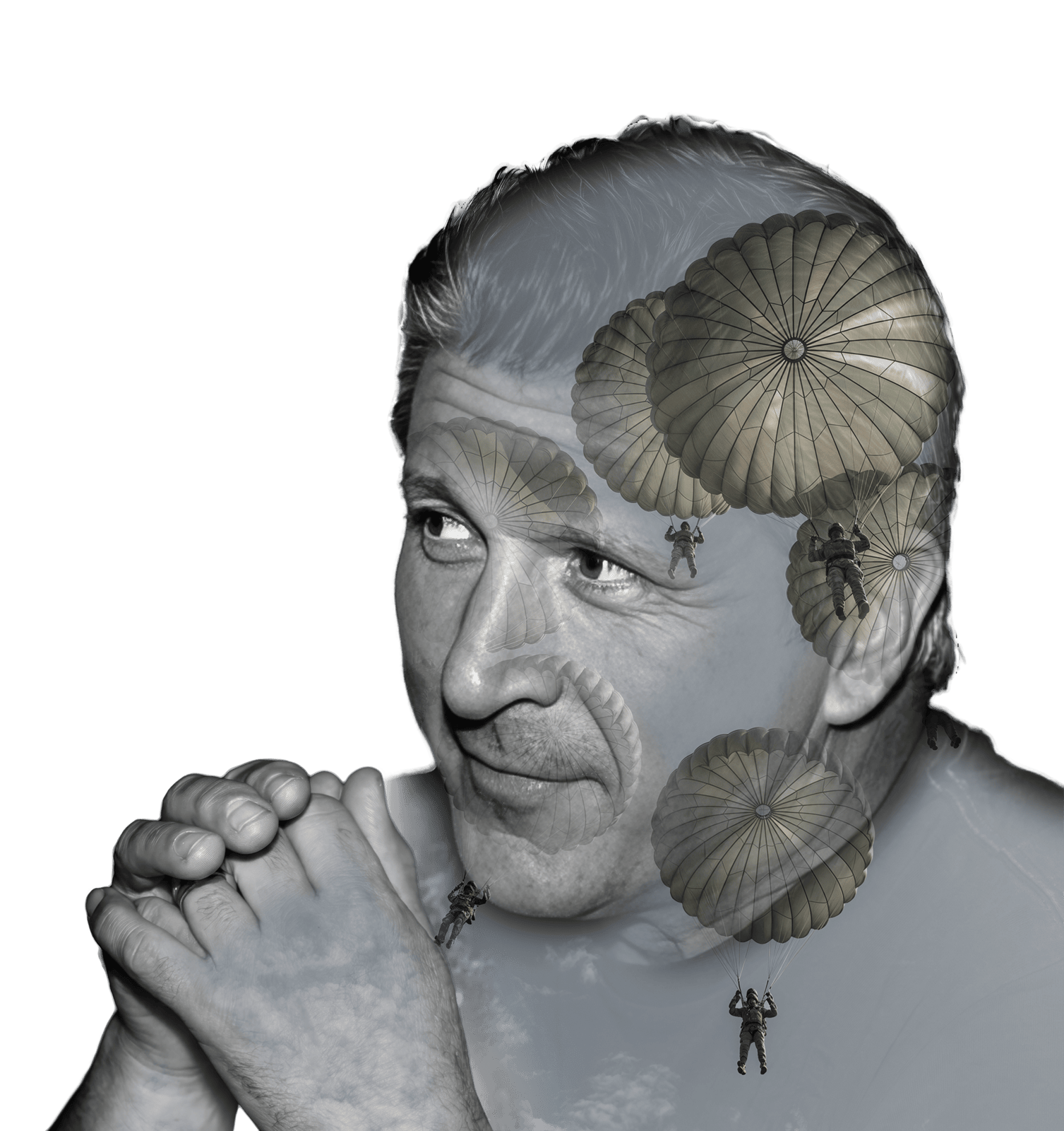 Double-exposure portrait of Kevin Popke with parachutists